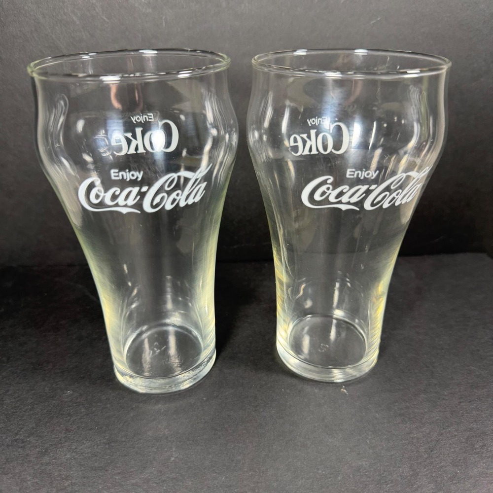 Coca-Cola Drinking Glasses Clear White Bell Shape Enjoy Coke Set of 2 16oz 6in